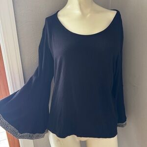 W5 brand long-sleeve top,embroidery, flared bell sleeves, black, size large